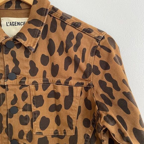 L'Agence Celine Animal Print Denim Jean Jacket Brown Small Button Front Mobwife - Picture 4 of 9